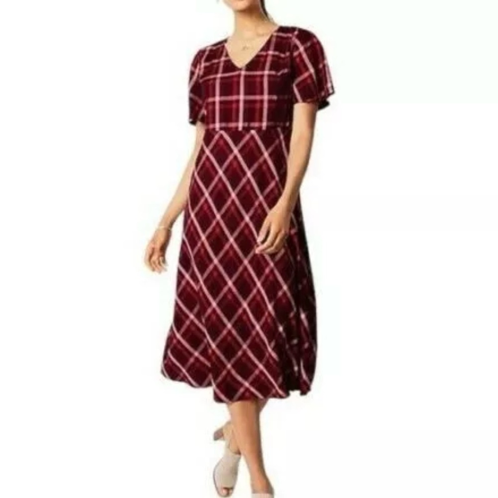 J. Jill Medium Plaid Midi Dress V Neck Burgundy Red Academia Preppy Career Work